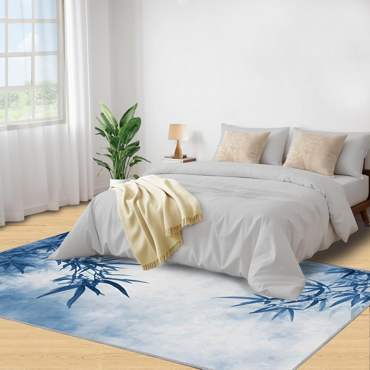 Bamboo Rugs for Bedroom, Bamboo Leaves Rug 6x8, Botanical Dining Room Rugs Washable & Non Slip Large Carpet for Home Decor