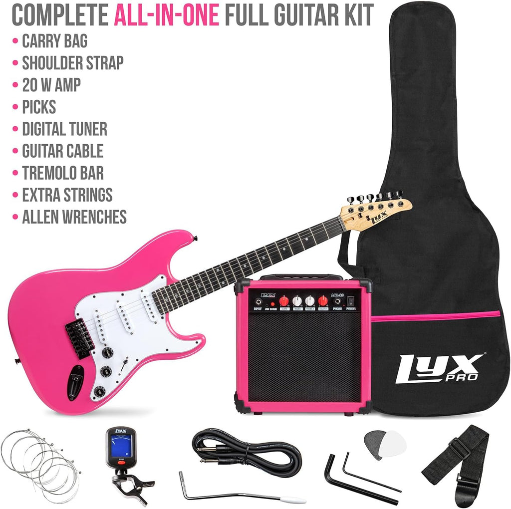 LyxPro 39' inch Full Size Electric Guitar with 20w Amp, Package Includes All Accessories, Digital Tuner, Strings, Picks, Tremolo Bar, Shoulder Strap, and Case Bag Complete Beginner Starter kit - Pink