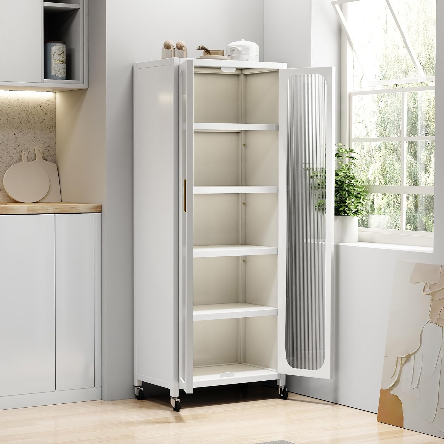 Runboll Kitchen Pantry Storage Cabinet, 6 Tier Metal Sideboard with Wheels and Acrylic Glass Door, Modern Display Curio Cabinet Bookcase White
