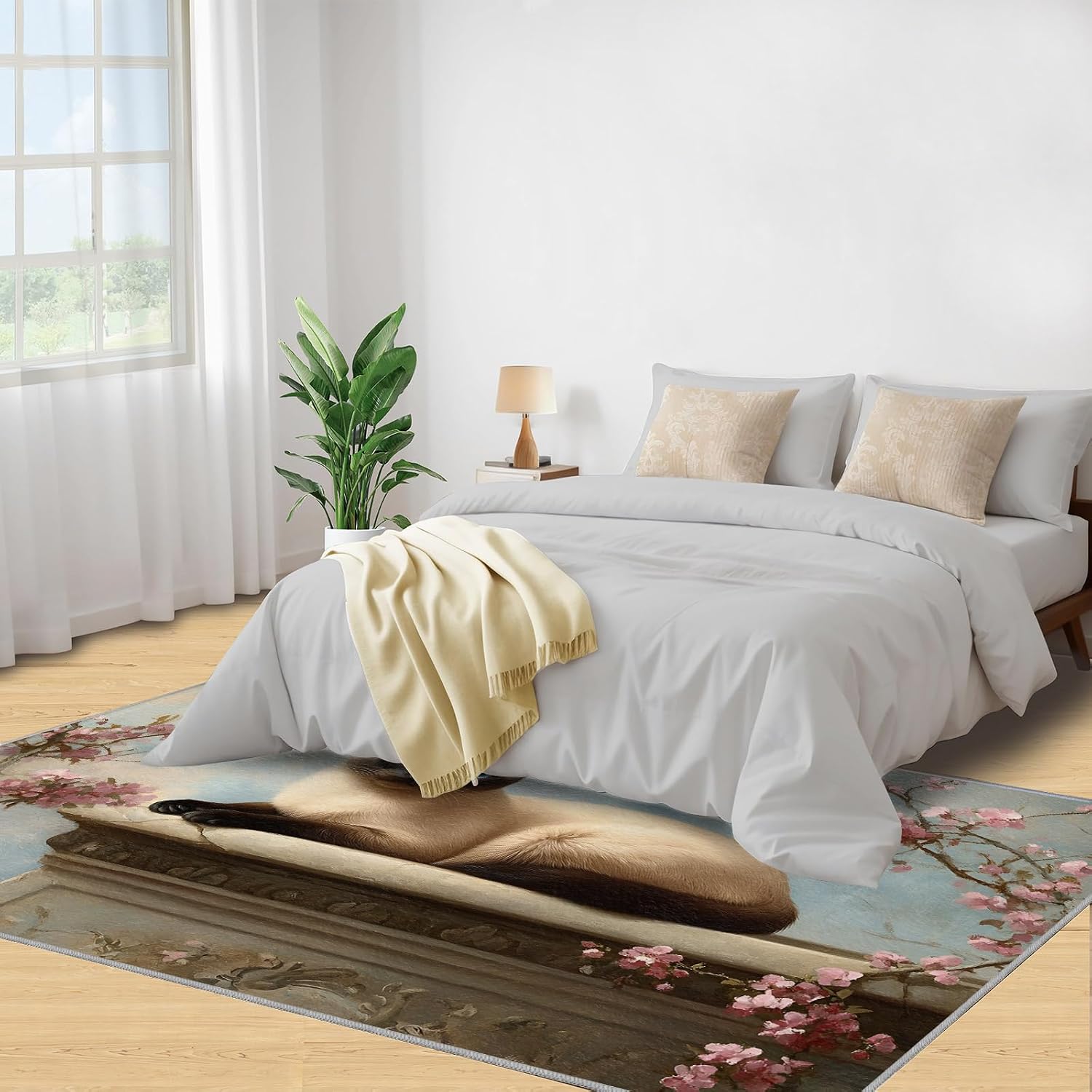 Cat Rug 6x8-6x8 Rug, Animal Area Rugs for Living Room Bedroom, Spring Flower Area Carpet, Kitten Washable Carpet, Cat Home Decor & Gifts