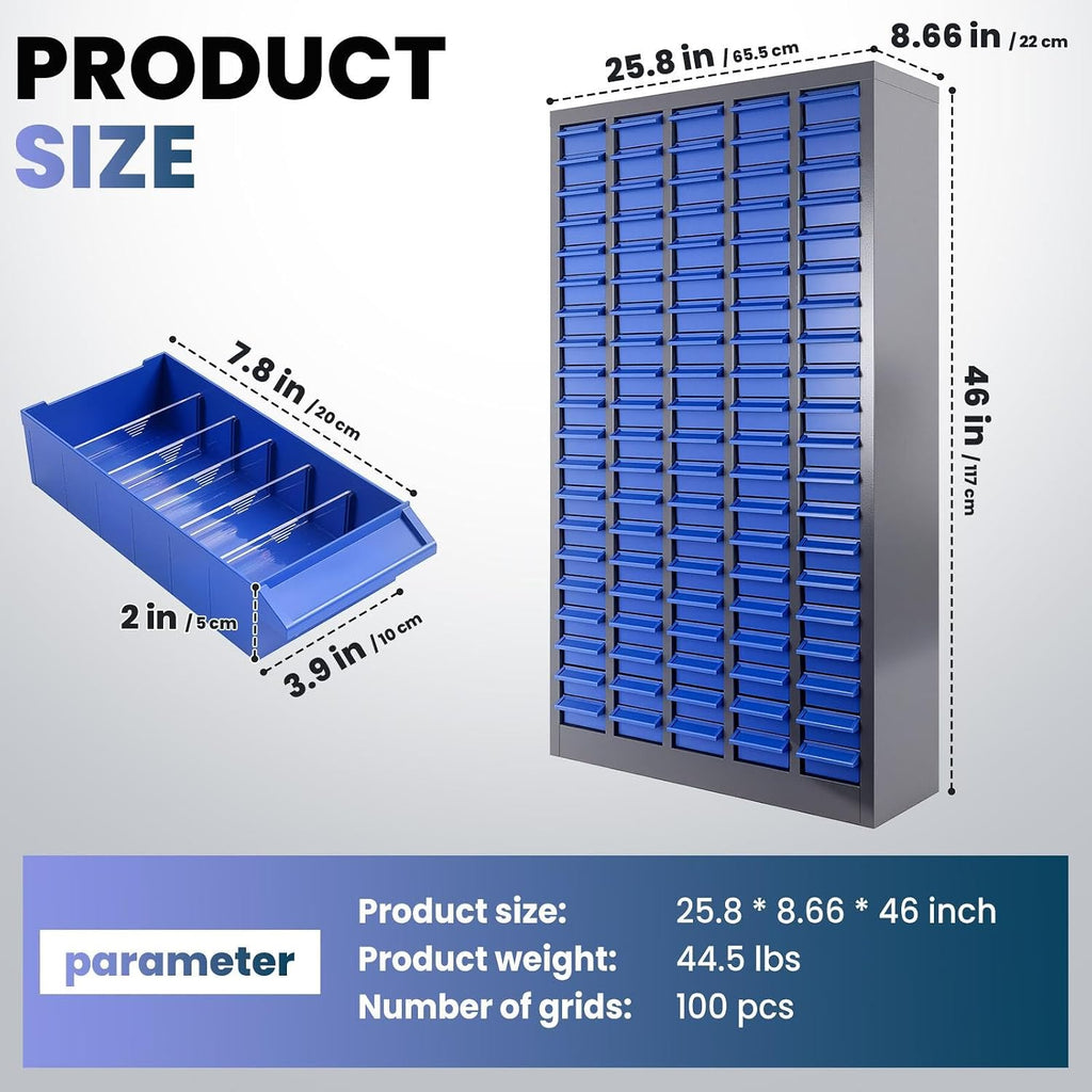 100 Drawers Parts Cabinet, Heavy Duty Bolt and Nut Organizer with Adjustable Dividers and Labels, Tool Storage Cabinet with ABS Drawer for Workshop, Garage