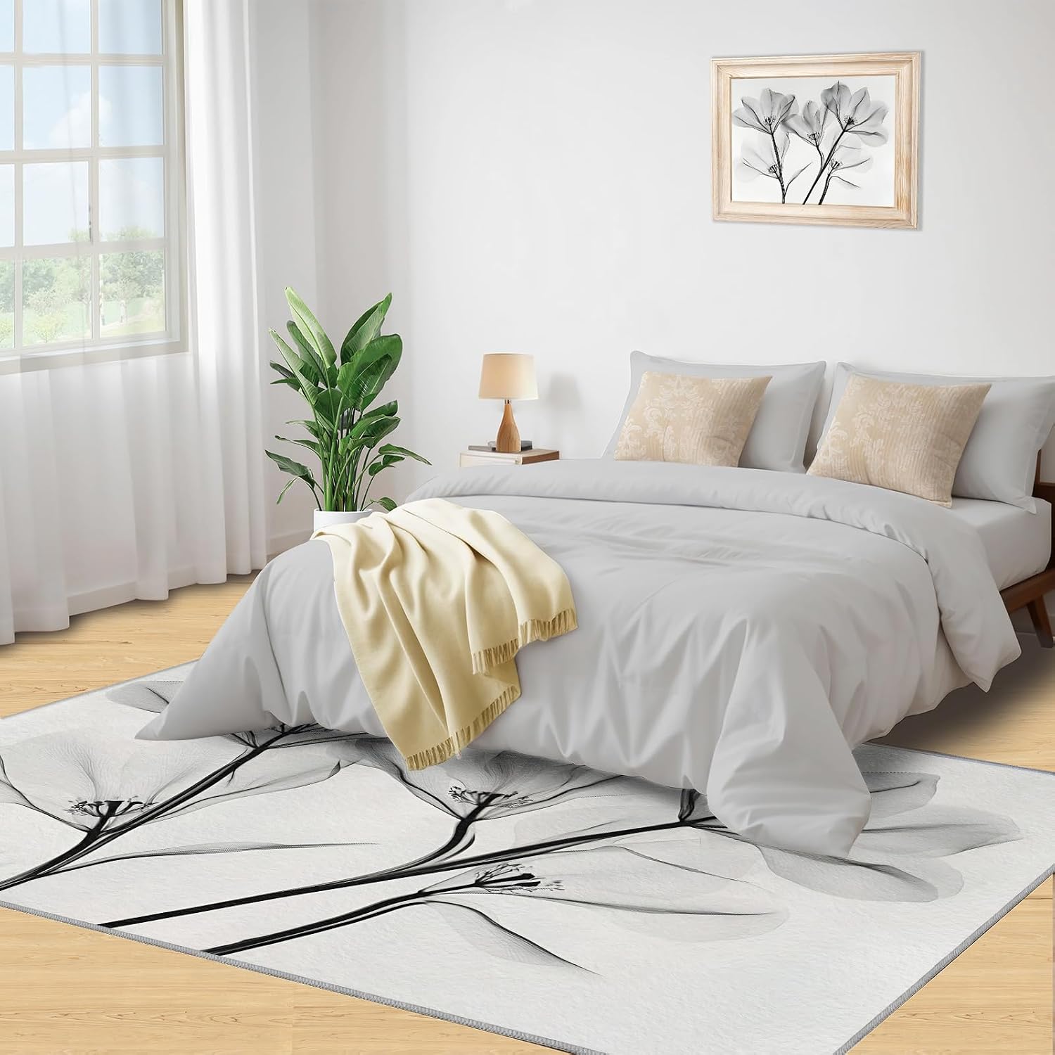 Black and White Laser Flowers Area Rug, Watercolor Flowers Bedroom Rug, Non Slip Bedside Rugs for Living Room Study Office Kitchen Dining Room Decor Floor Mat 6x8