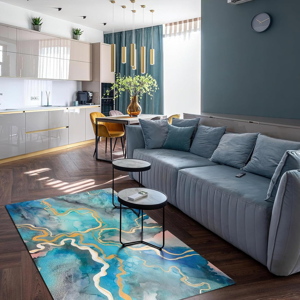 6x8 Rug Blue Gold Gray Marble Easy Clean Rug, Watercolor Ink Texture Soft Non-Skid Carpet Throw Rugs for Kids Teen Girls Boys Bedroom, Living Room Bathroom Classroom Office