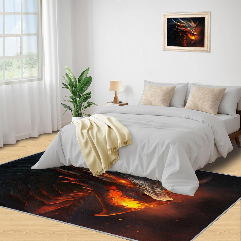 Area Rug 6x8ft, Flame Dragon Rugs for Living Room, Boy Likes Fashion Bedroom Rugs, Ultra Soft Non-Slip Short Pile Carpet for Kids Room Under Kitchen Table Office Bedside