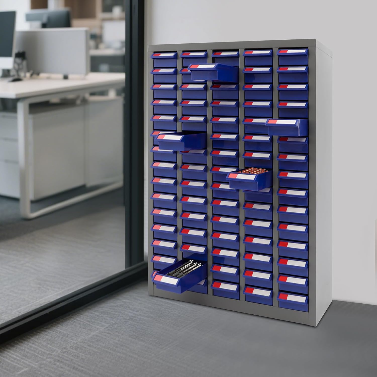 Cashewnuts 75 Drawers Parts Cabinet Large Bolt and Nut Tool Storage Cabinet with Drawer Metal Cabinet Organizer for Garage Office Warehouse (Blue)