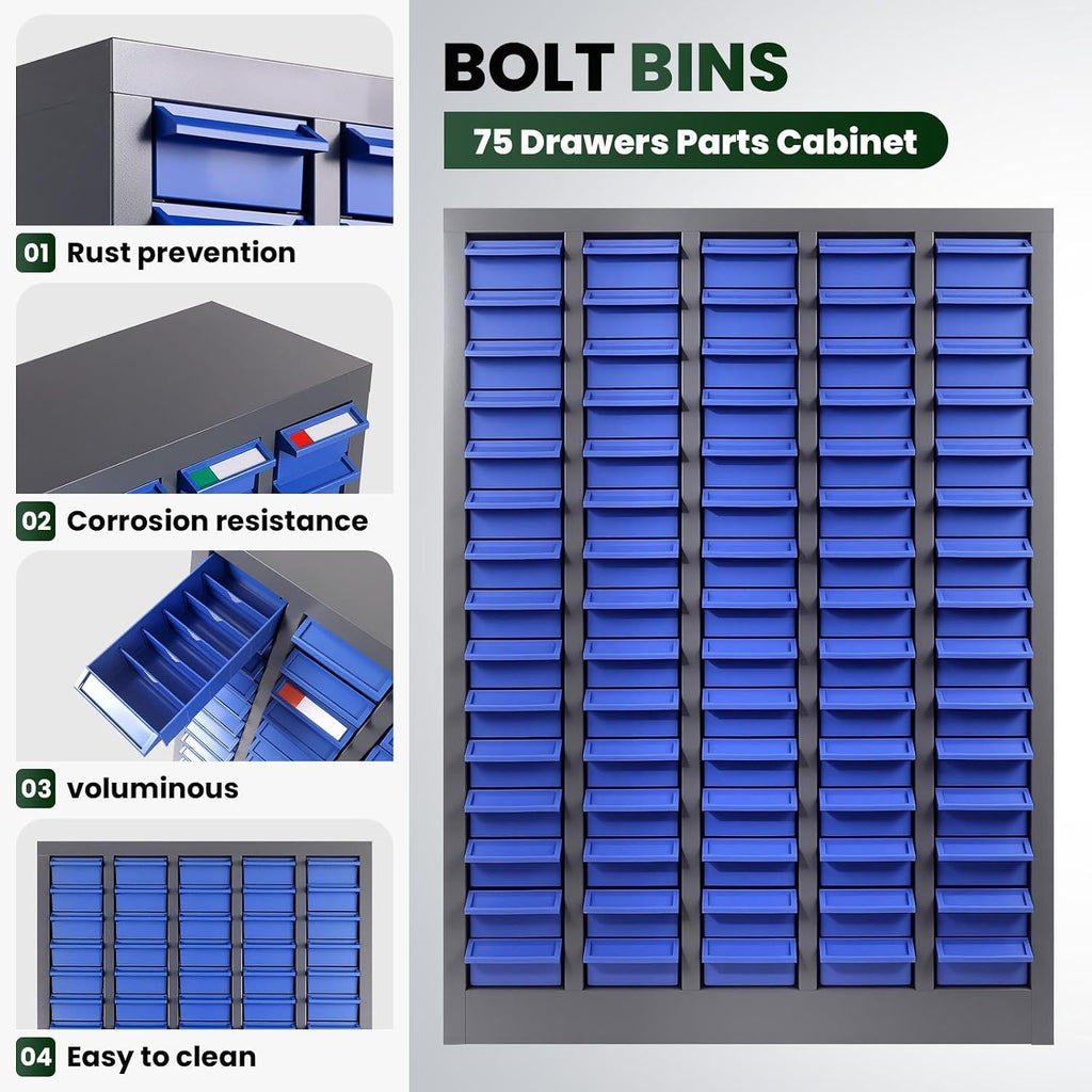 75 Drawers Parts Storage Organizer with Labels, ABS Material Nut and Bolt Organizer, Heavy Duty Steel Frame Parts Cabinet, Easy to Clean, Parts Bins Organizers for Shop, Factory (75 Drawers)