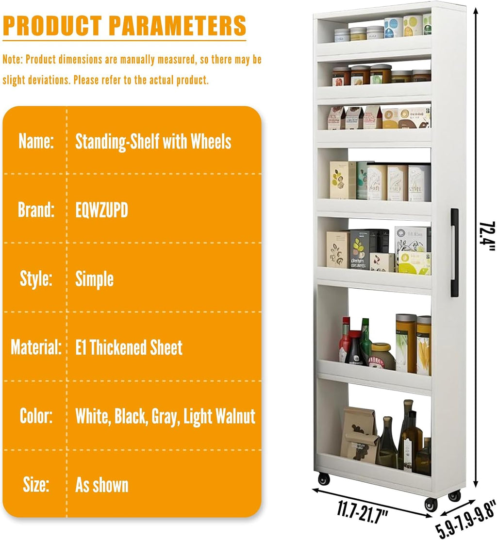 7 Tier Standing-Shelf with Wheels, 5.9/7.9/9.8'', Wooden Slim Storage Cart, Thickened Plate, Scratch-Resistant and Wear-Resistant, for Home, Kitchen, Bakers, Closet, Pantry, Dining Room