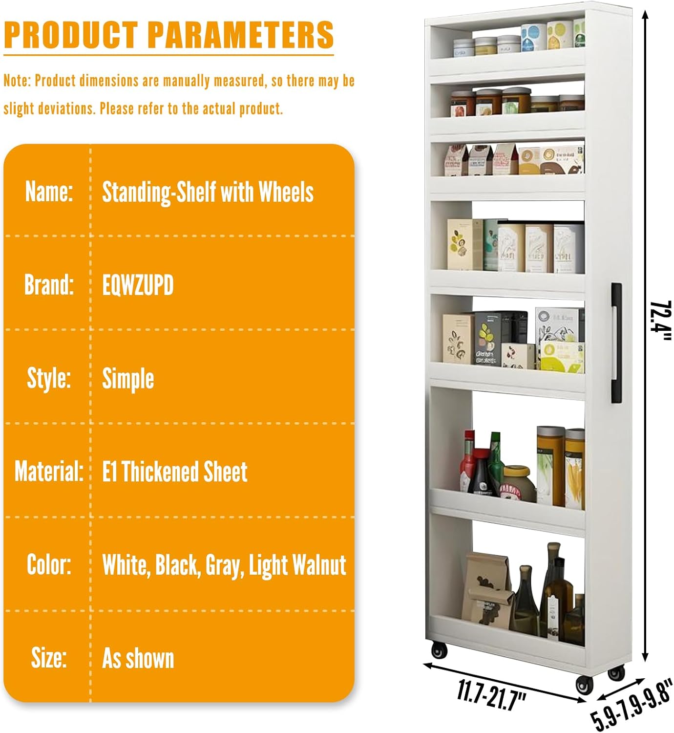 7 Tier Standing-Shelf with Wheels, 5.9/7.9/9.8'', Wooden Slim Storage Cart, Thickened Plate, Scratch-Resistant and Wear-Resistant, for Home, Kitchen, Bakers, Closet, Pantry, Dining Room