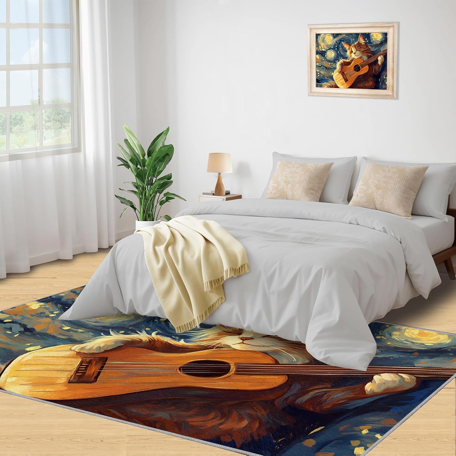 Starry Sky Cat Area Rug, Guitar Music Cat Rugs for Boys Room, Non Slip Kids Rug for Living Room Bedroom Study Office Decor Floor Mat 8x10