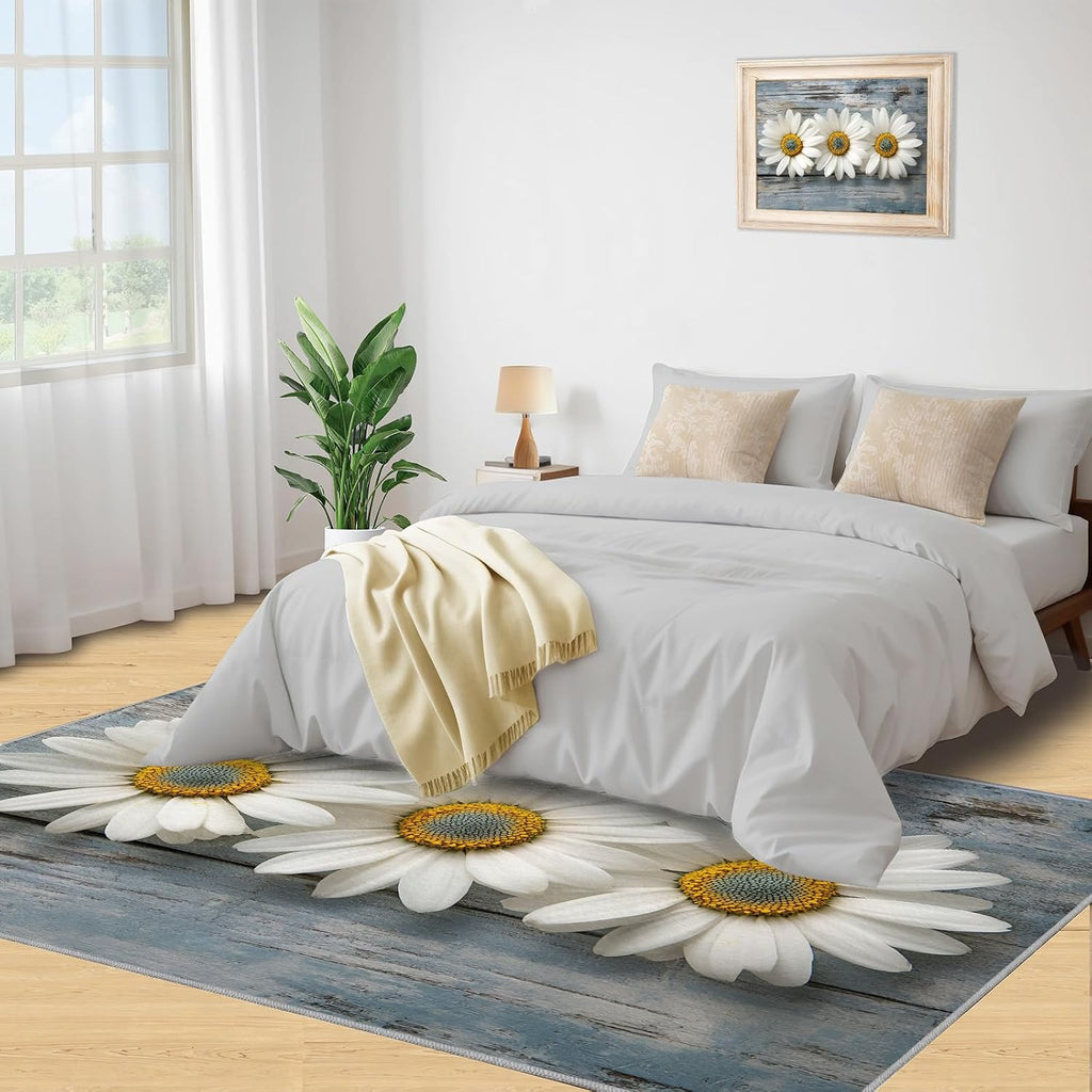 Daisy Rugs for Girls Room, Wooden Board Background Area Rug, Washable Bedroom Rug for Living Room Study Office Decor Floor Mat 6x8