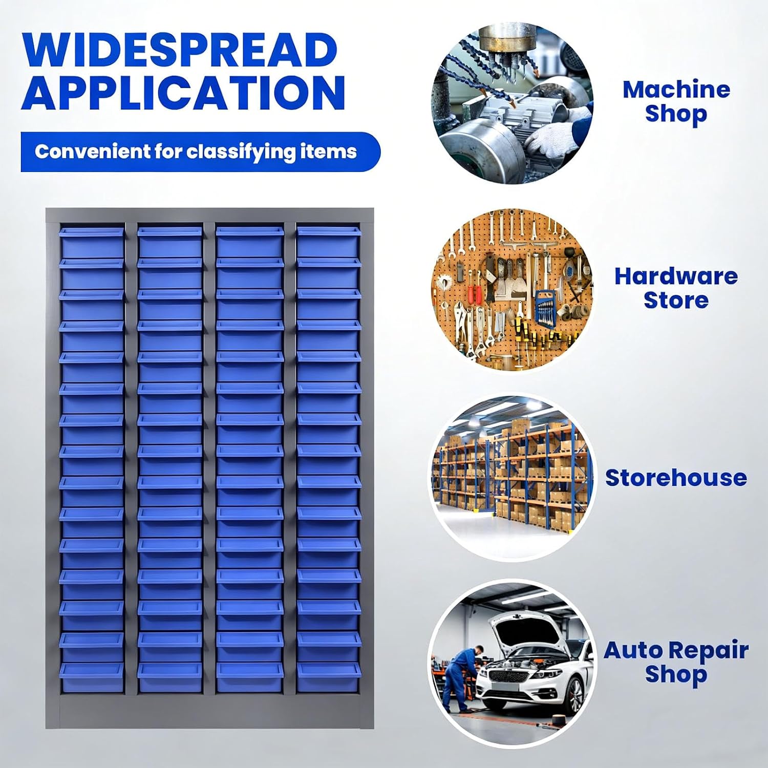 Freestanding 75 Drawer Small Parts Organizer, Blue ABS Drawer Cabinet with Label Panel and Shelf, Hardware Storage System for Workshops, Repair Stations