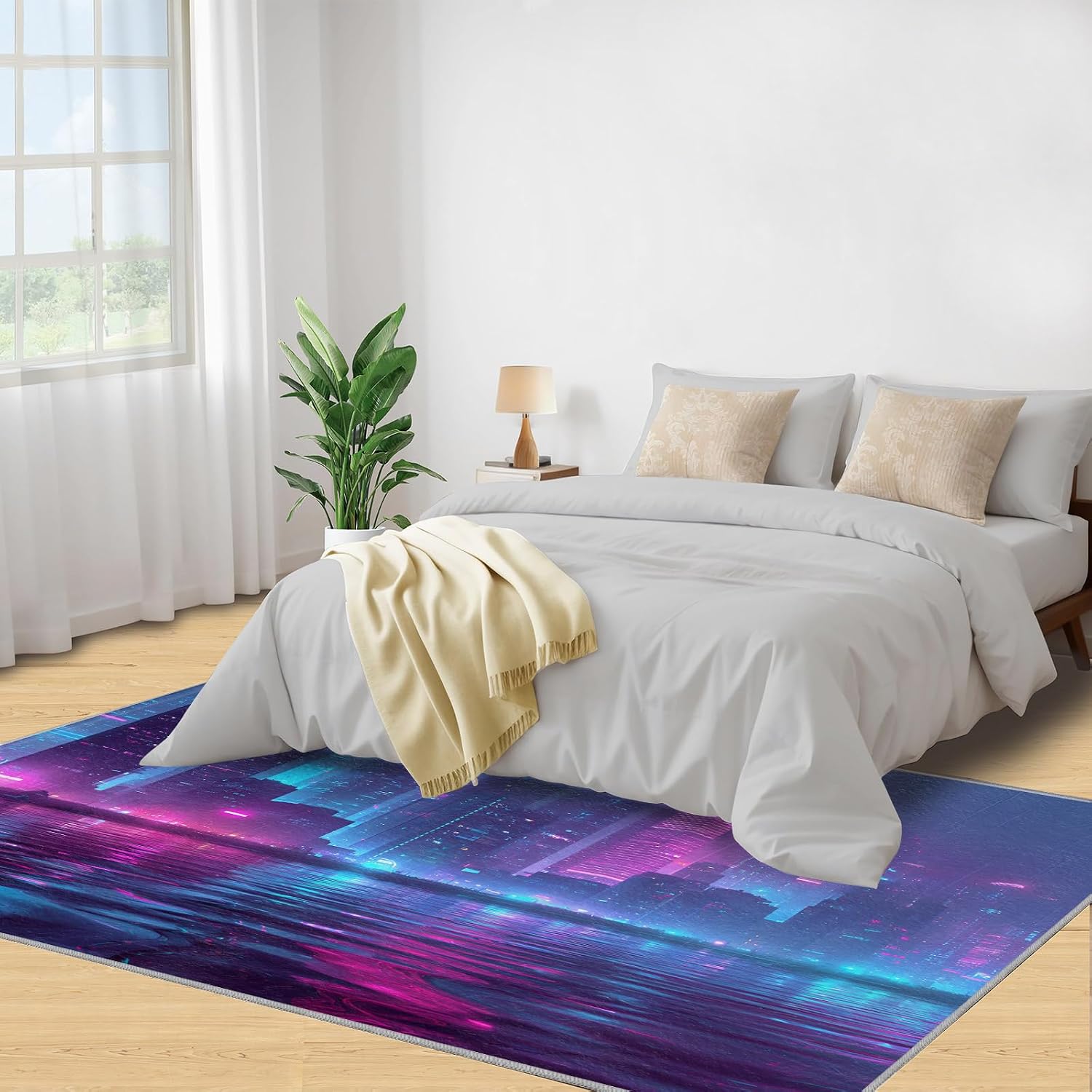 City Rugs for Bedroom, Skyline Rug 6x8, Modern City Night View Dining Room Rugs Washable & Non Slip Large Carpet for Home Decor
