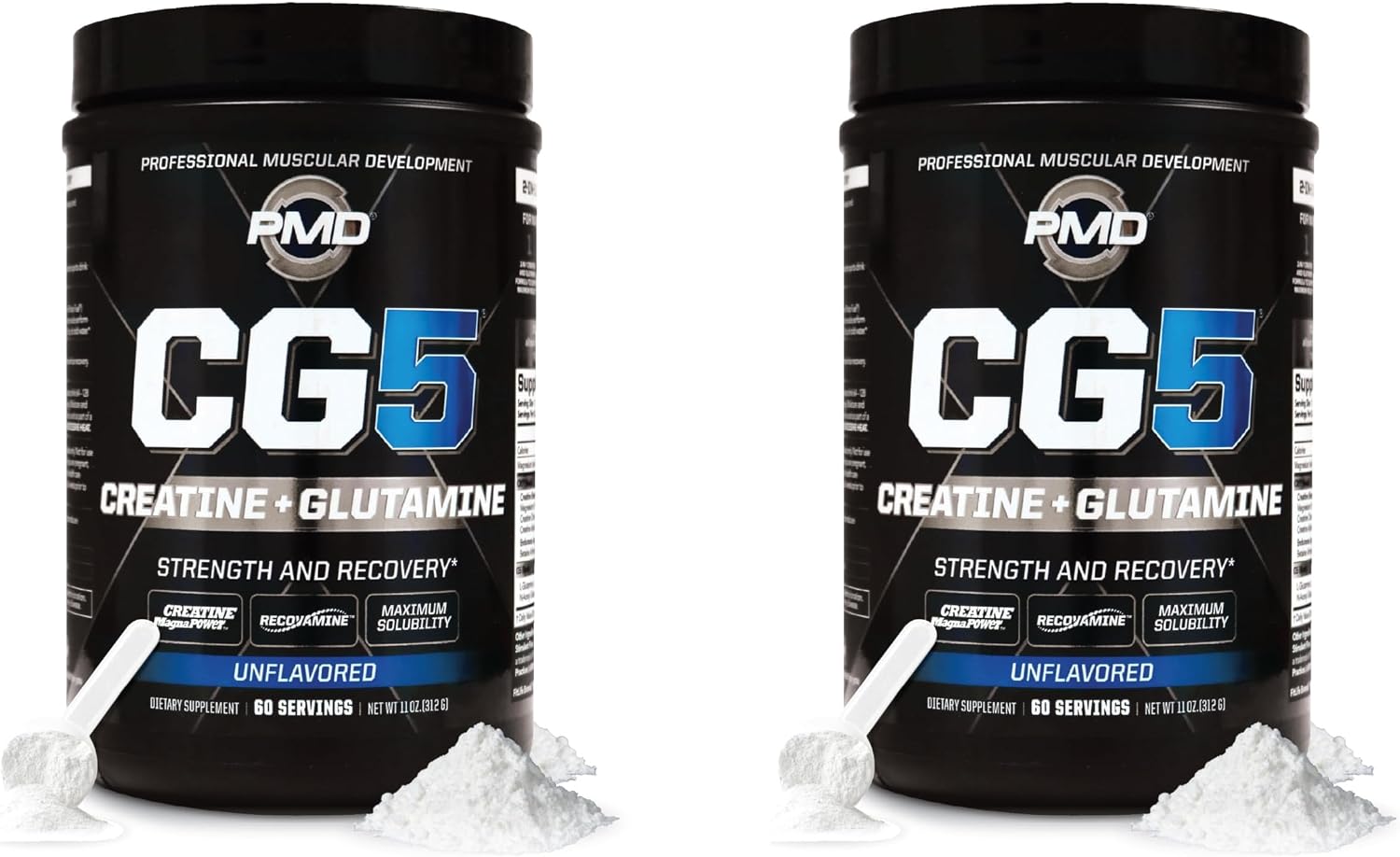 PMD Sports CG5 Premium Creatine & L Glutamine Powder, Power Recovery, Build Lean Muscle, Increase Workout Performance, Maximum Strength Pre Workout & Post Workout, Unflavored, 60 Servings (Pack of 2)