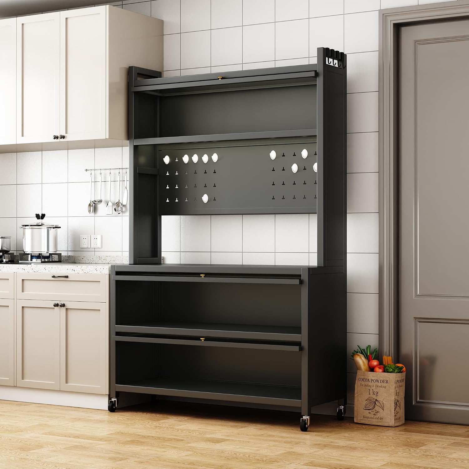 65-Inch Tall Kitchen Bakers Rack with Flip Door Cabinet, 5-Tier Microwave Stand and Coffee Bar, Pantry Storage with Pegboard Hooks, Quick Assembly, White,GreyMetal0