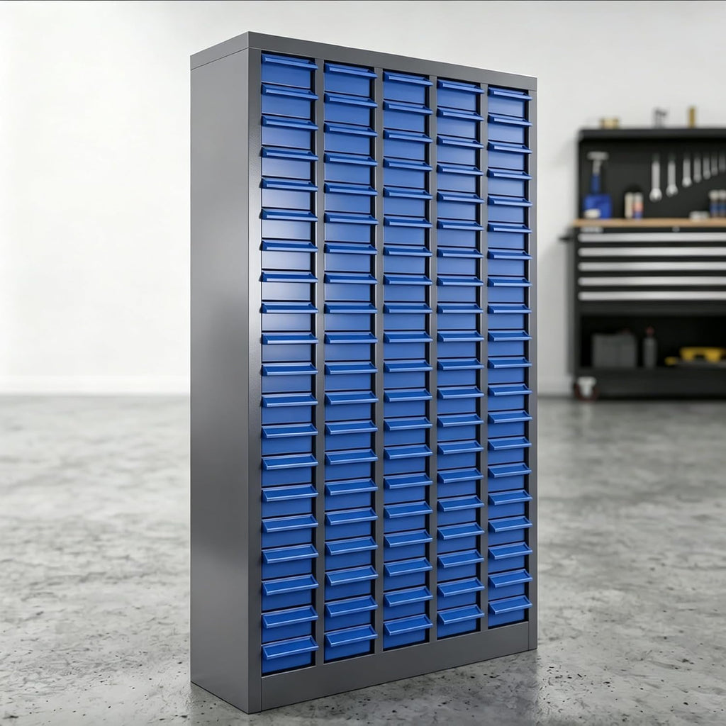 100 Drawer Nut and Bolt Organizer Cabinet, Small Parts Storage Cabinet Bolt Bin with Dividers & Labels, 26'X 9'X 46' Steel Frame Tool Organizer Parts Cabinet for Garage Hardware & Screw Storage