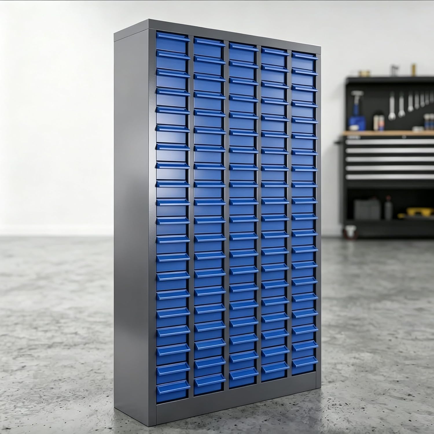 100 Drawer Nut and Bolt Organizer Cabinet, Small Parts Storage Cabinet Bolt Bin with Dividers & Labels, 26'X 9'X 46' Steel Frame Tool Organizer Parts Cabinet for Garage Hardware & Screw Storage