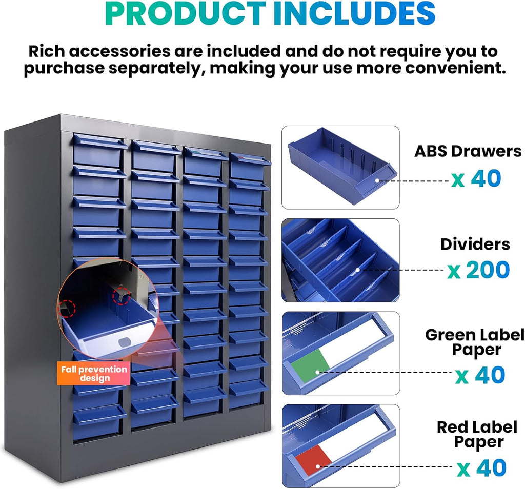 40 Drawers - Part Cabinet, Shelves & Label Stickers - Bolt and Nut Organizer Bolt Bin Cabinets, Durable Steel Tool Storage Cabinet for Garage/Workshop Small Parts/Hardware Organization (40 Drawer)