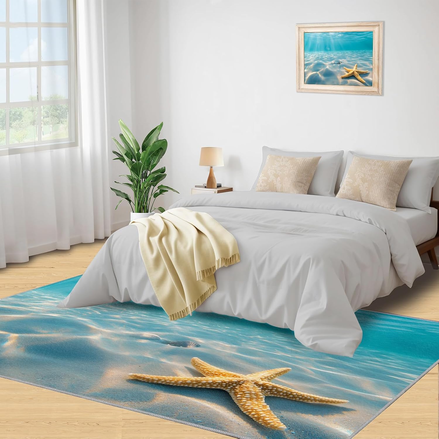 Coastal Starfish Rugs for Bedroom - 6x8 Rug, Nautical Coastal Area Rugs for Living Room, Underwater Carpet, Ocean Washable Area Mat, Tropical Sea Carpet, Beach Home Decor & Gifts