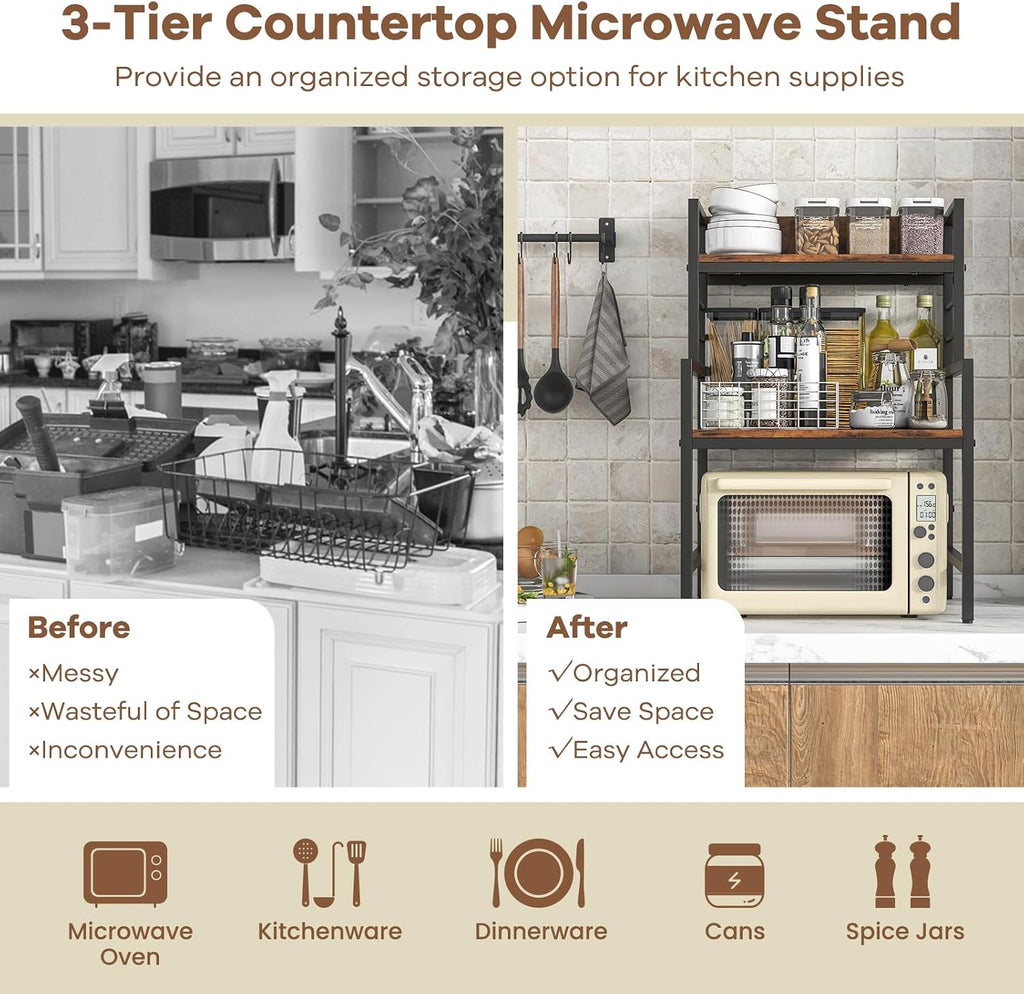 TANGZON 3-Tier Baker's Rack, Industrial Microwave Oven Stand with 2 Anti-tipping Kits & Adjustable Foot Pads, Metal Frame Utility Kitchen Storage Shelves Organiser for Dining Living Room
