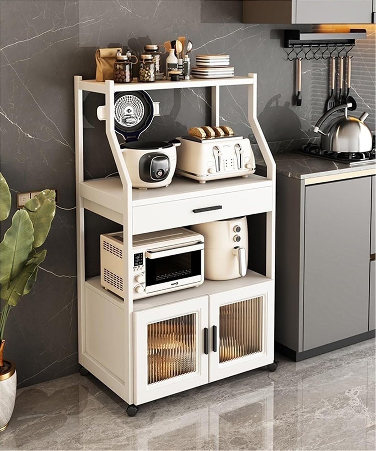 Modern Freestanding Display Storage Cabinet Kitchen Microwave Storage Shelf Standing Baker's Rack Floor Cabinet Storage Organizer Wine Rack for Living Room Kitchen(4 Tier W60 cm)