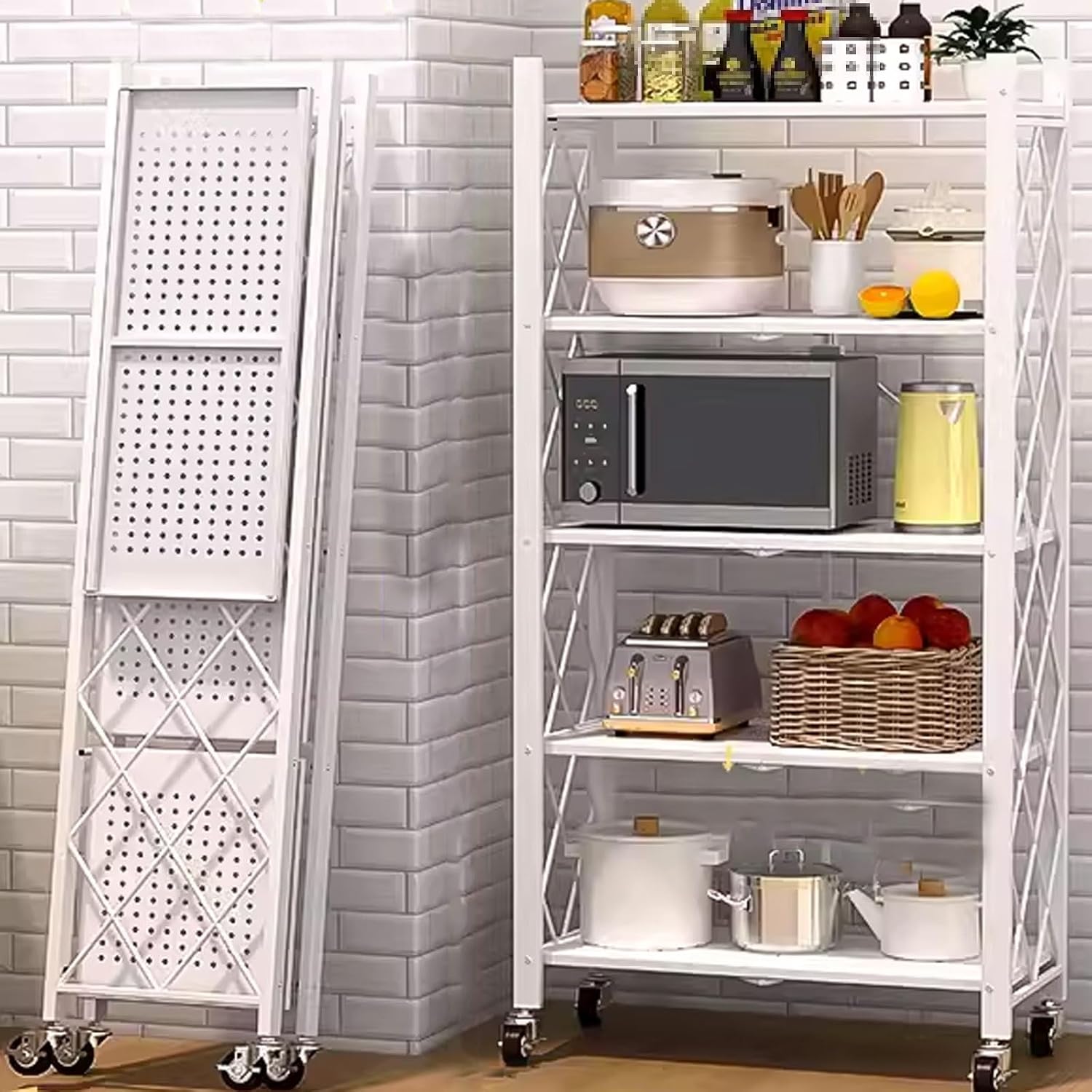 Microwave Stand with Storage Cabinet Made of Carbon Steel Kitchen Baker's Rack with Storage Open Operator Console with Brakeable Casters Foldable(Color:White)