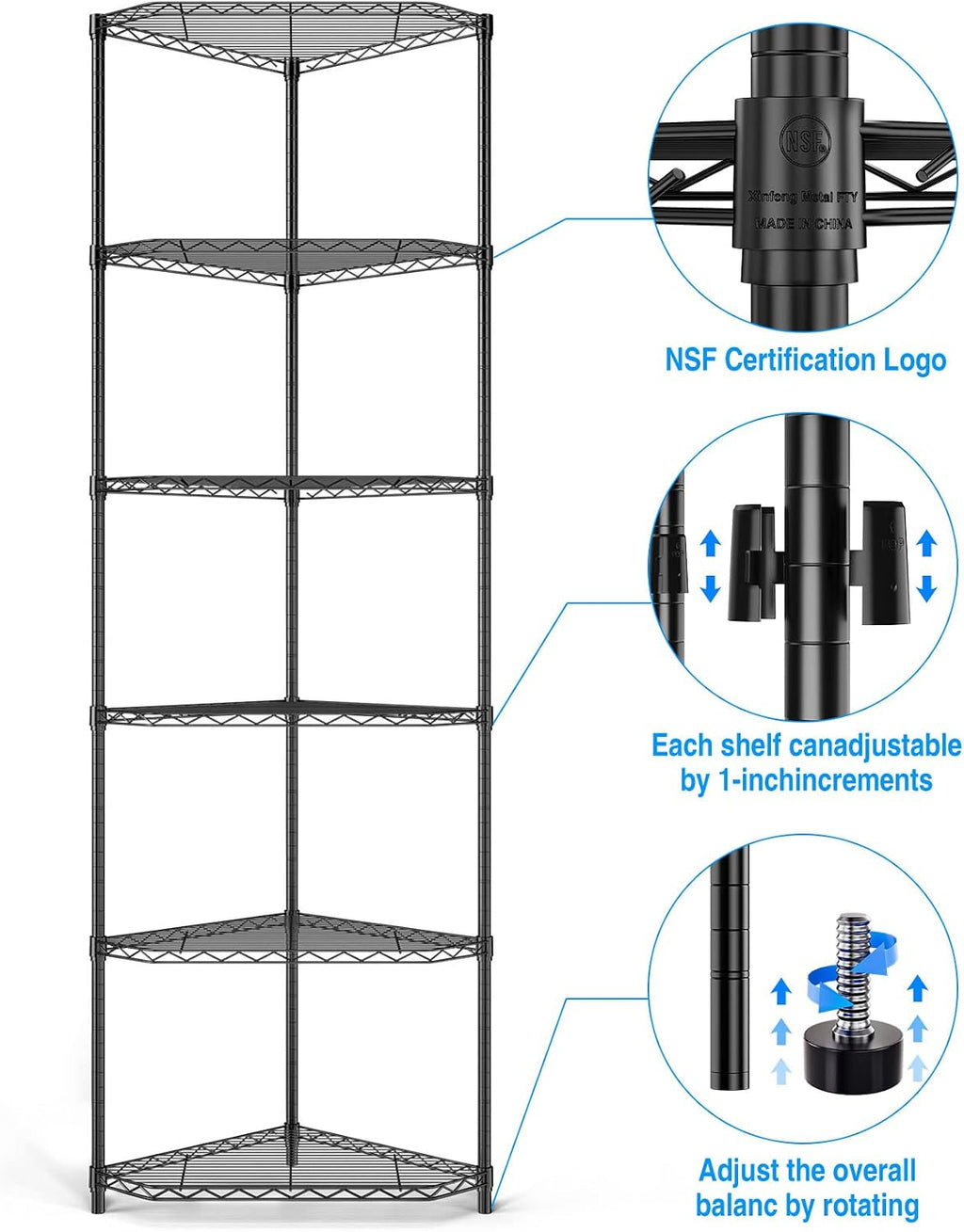 6 Tier NSF Metal Shelf Pentagonal Corner Wire Shelving Unit, 600lbs Capacity Heavy Duty Adjustable Storage Rack with Shelf Liners for Kitchen Garage Office Etc Room Corner, 72'H x 20'L x 20'D - Black