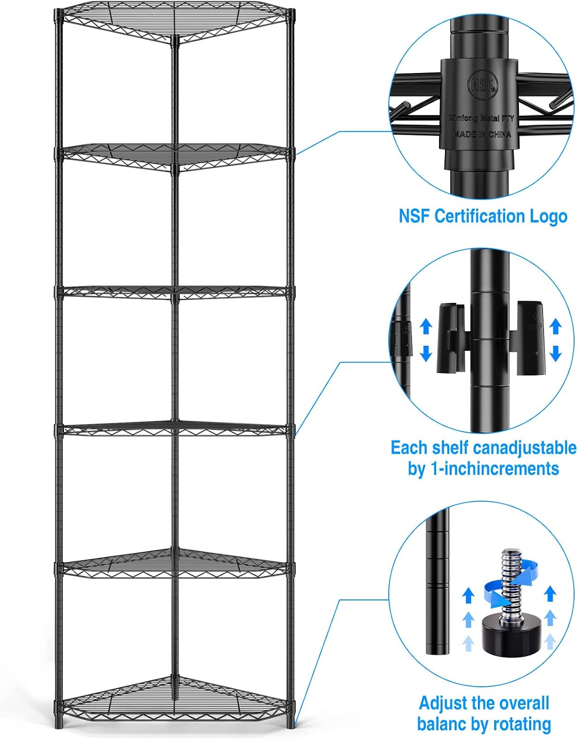 6 Tier NSF Metal Shelf Pentagonal Corner Wire Shelving Unit, 72'H x 20'L x 20'D - Black, 600lbs Capacity Heavy Duty Adjustable Storage Rack with Shelf Liners for Kitchen Garage Office Etc Room Corner