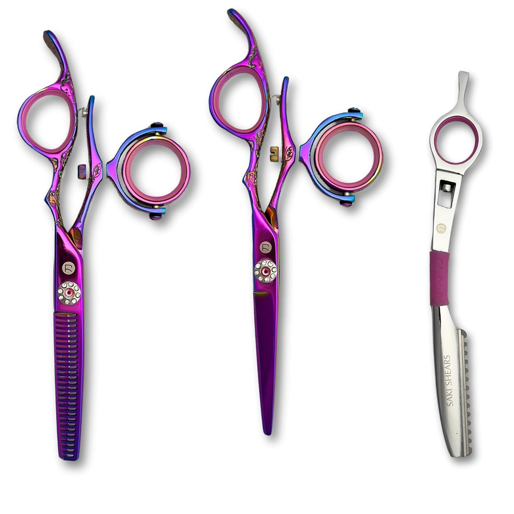 Swivel 5.5' Saki Kohana Pink Hair Shear Set (Swivel Cutting Shears, Swivel Thinning Shears, Razor, Case) - 440C Steel - For Professional Use