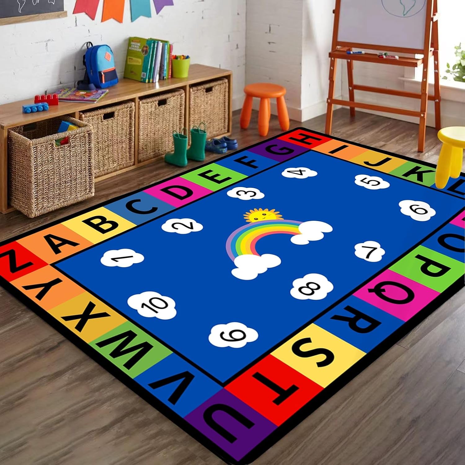 English Letter Print Living Room Rugs, 6x8ft, Cute Cloud Rainbow Digital Early Education Carpet, Children's Educational Learning Non-Slip Carpets, Thin Durable Mat for Girls Boys
