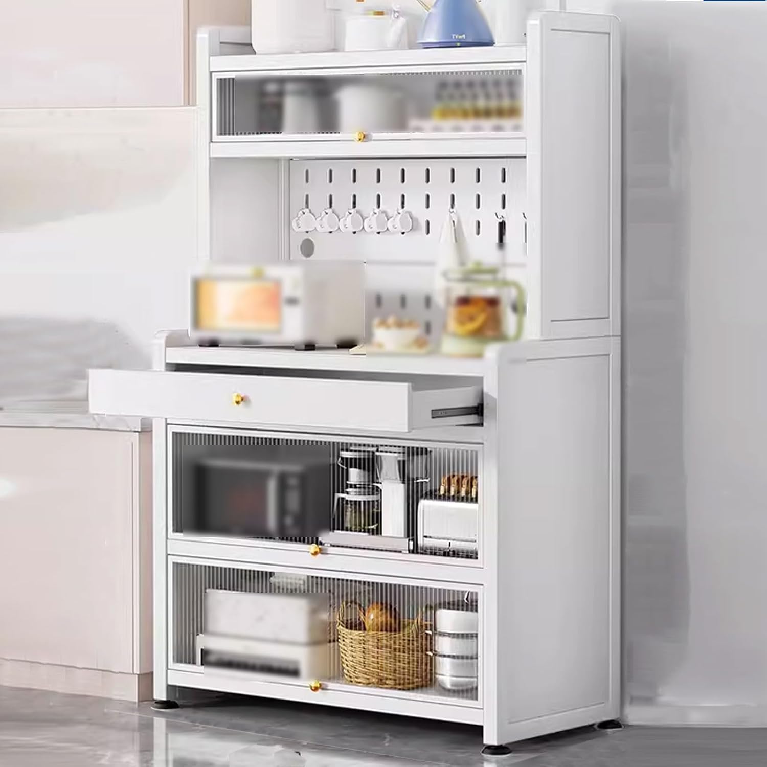 Kitchen Storage Rack with Doors Bakers Rack with Storage Cabinet Doors and Drawers, for Kitchen Dining Room Living Room(White,60 * 42 * 151cm)