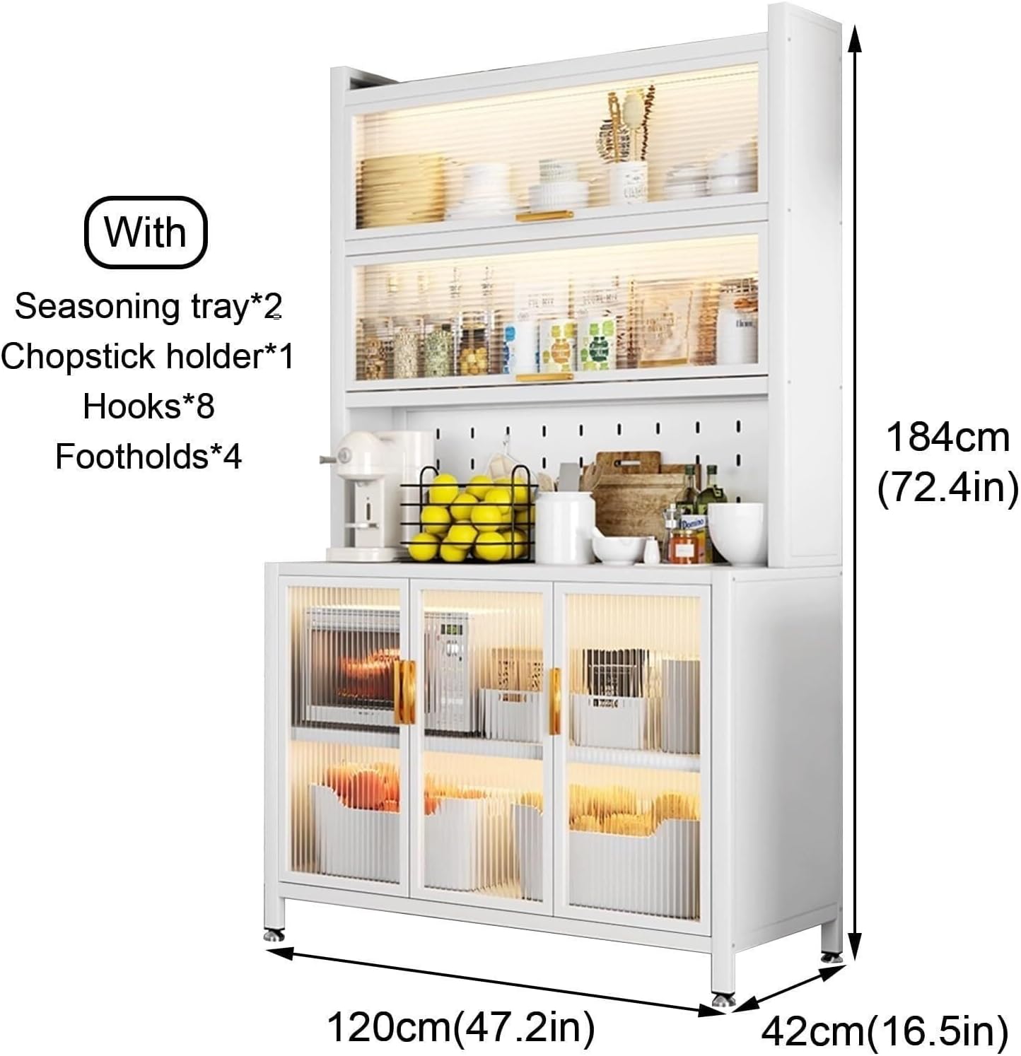6-Tier Kitchen Bakers Rack with Storage Cabinet, Flip Door, White Microwave Stand with Hooks, Coffee Bar Organizer, 100cm, Carbon Steel Frame(61CM)