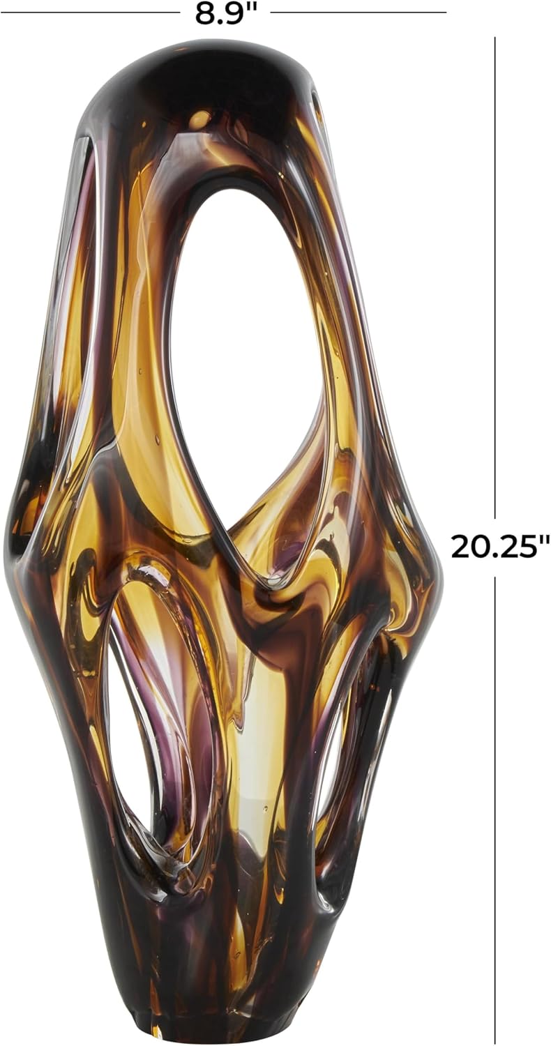 Deco 79 Glass Abstract Decorative Sculpture Cutout Home Decor Statue with Pink and Amber Accents, Accent Figurine 9' x 6' x 20', Yellow