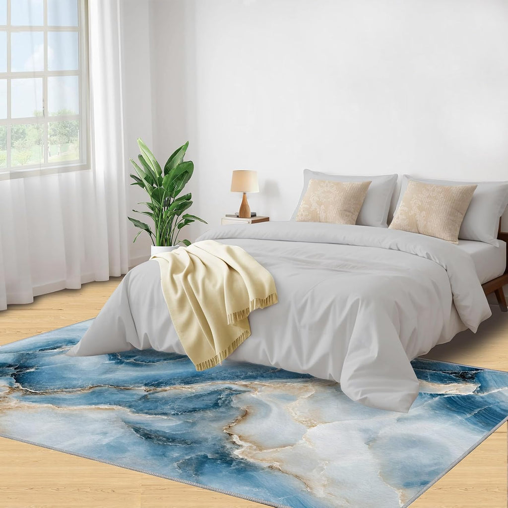 Blue Marble Area Rug Large - 6x8 Rug, Modern Rugs for Living Room, Light Luxury Area Rugs for Bedroom, Abstract Art Washable Carpet, Marble Home Decor & Gifts