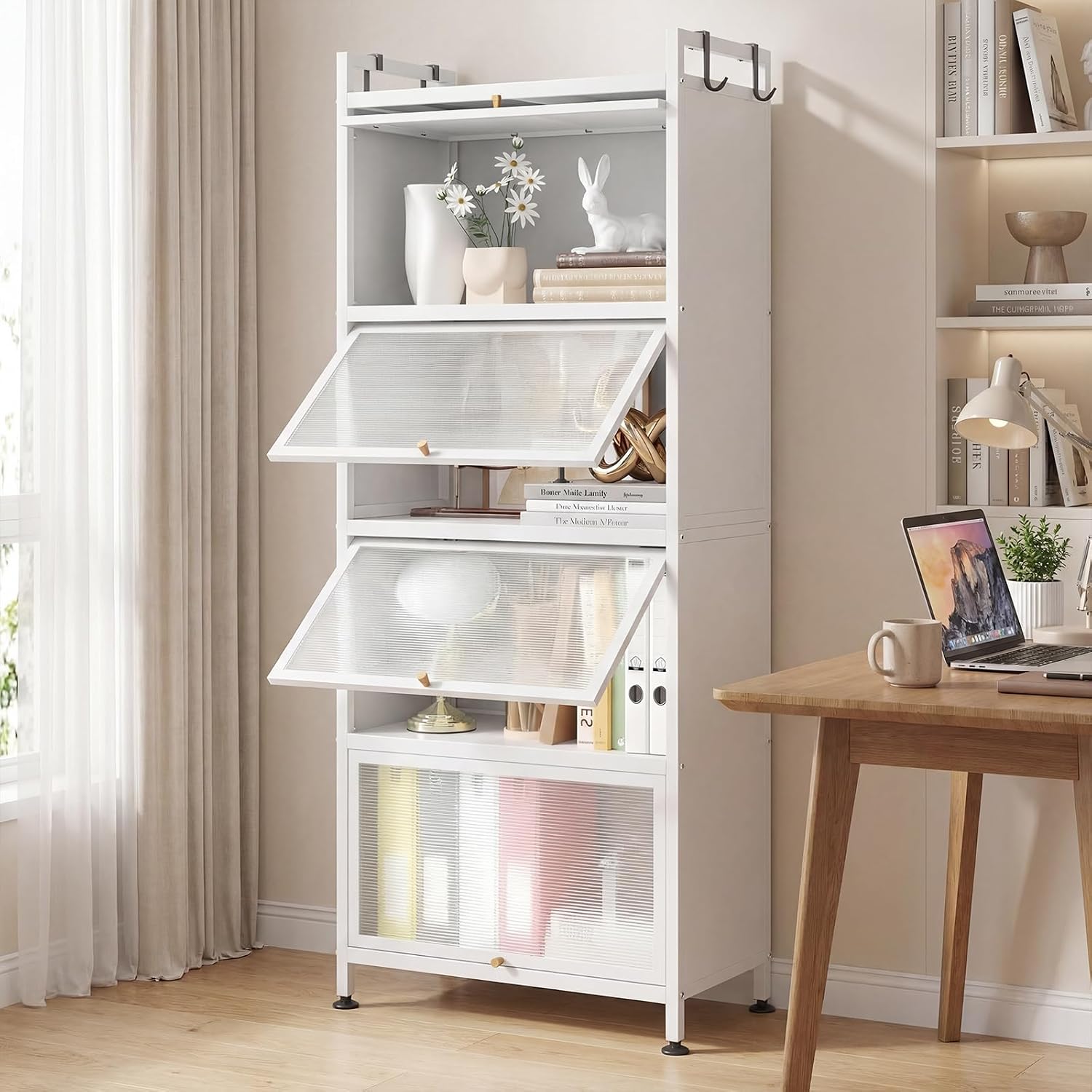 LDAILY 5-Tier Kitchen Storage Cabinet, Mobile Microwave Stand with Metal Frame, Double Anti-toppling Device, 4 Rolling Casters, Freestanding Bakers Rack for Kitchen, Dining Room, Living Room (White)