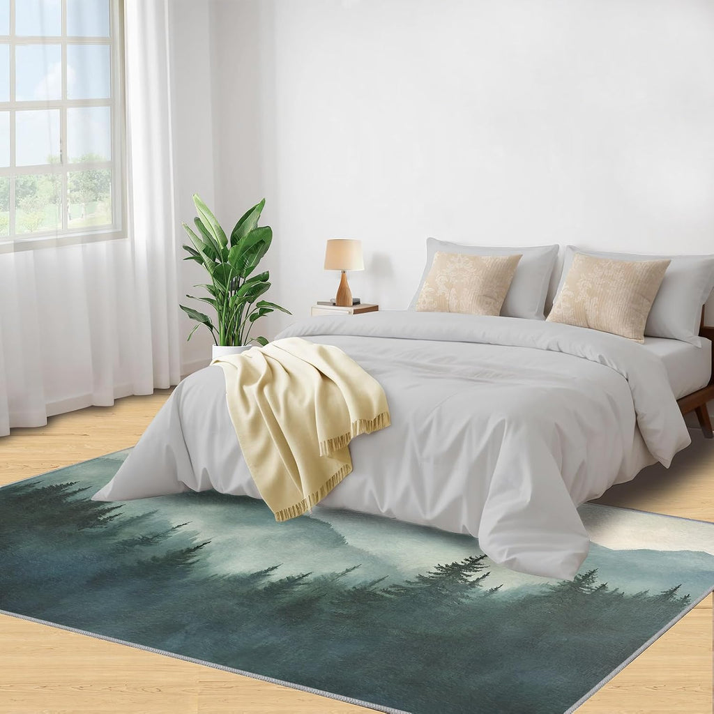 Misty Forest Area Rug Large - 6x8 Rug, Forest Mountain Rugs for Living Room, Woodland Area Rugs for Bedroom, Natural Scenery Washable Carpet, Landscape Home Decor & Gifts