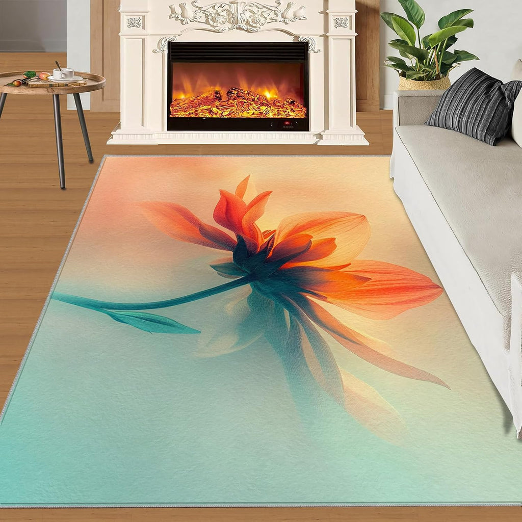 Floral Rugs for Bedroom - 6x8 Rug, Fantasy Flower Area Rugs for Living Room, Orange Green Ombre Carpet, Modern Washable Area Mat, Aesthetic Carpet, Floral Home Decor & Gifts