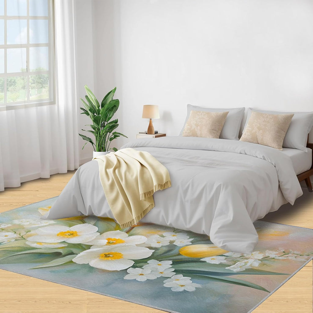 Florals Still Life Rug 6x8 - Oil Painting Florals Large Rugs for Living Room, Simple Flowers Carpet Area Rug for Girls Bedroom Kids Room Basement Office Classroom
