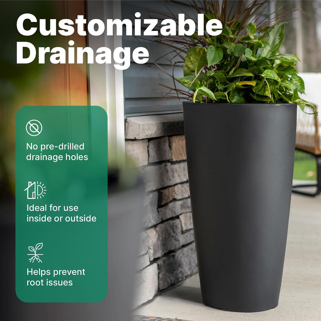 Step2 Tremont Tall Round Tapered Planter, 28' Tall 2-Pack, Indoor/Outdoor Plants, Efficient Drainage, Durable Resin, Onyx Black