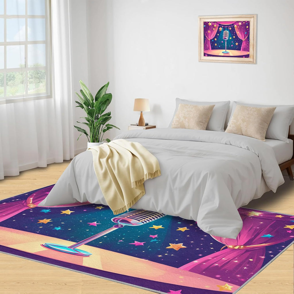 Microphone Rug for Bedroom 6x8 Rug Cartoon Music Rugs, Music Lover Home Decor, Non Slip Washable Large Rugs, Musical Instrument Carpet for Boys and Girls Teen Playroom