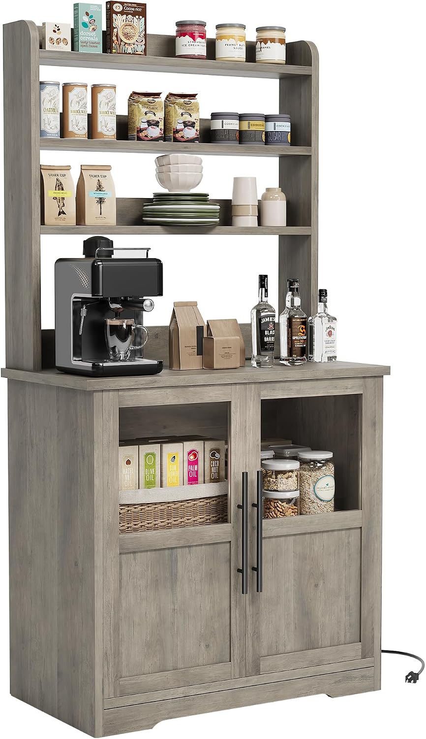 6-Tier Kitchen Bakers Rack,Storage, Power Outlet, and Glass Doors,Freestanding Farmhouse Coffee Bar Cabinet for Kitchen, Living Room, Dining Room,Gray