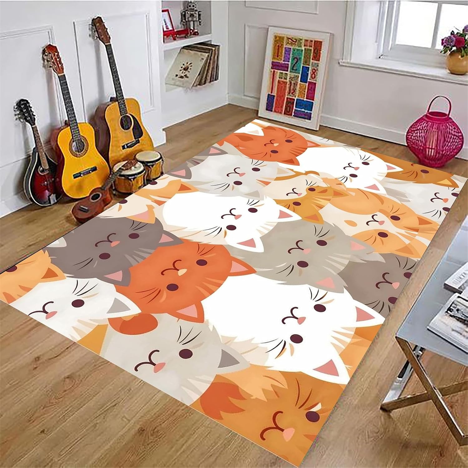 Cartoon Cat Area Rug，6x8ft,Orange Color Cat Carpet Kids Rug，Cute Printscat Rug for Bedroom,Non-Slip Washable Carpet Suitable for Living Room, Kindergarten, Children's Room Decoration
