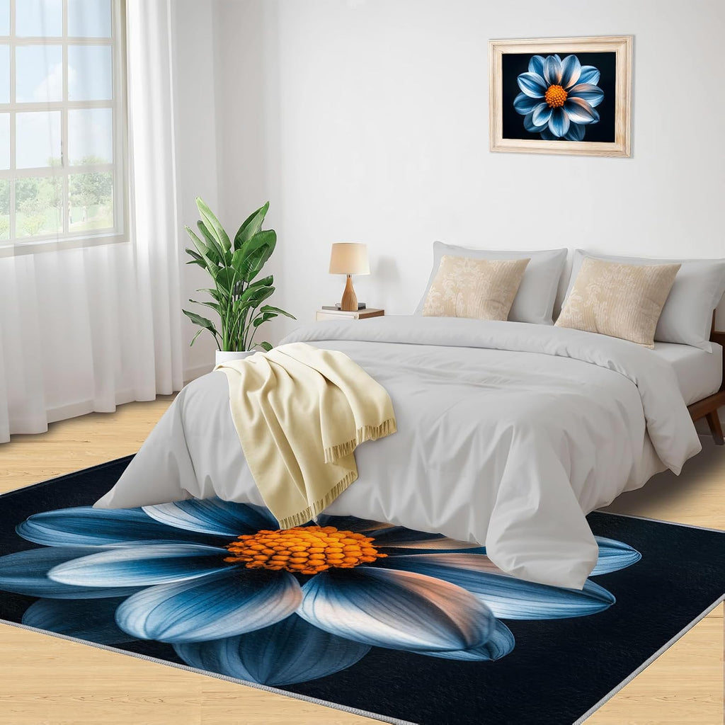 Dahlia Rugs for Living Room, Flowers Area Rug, Low Pile High Traffic Rugs for Woman Bedside Bedroom Kitchen Dining Room Decor Floor Mat 6x8