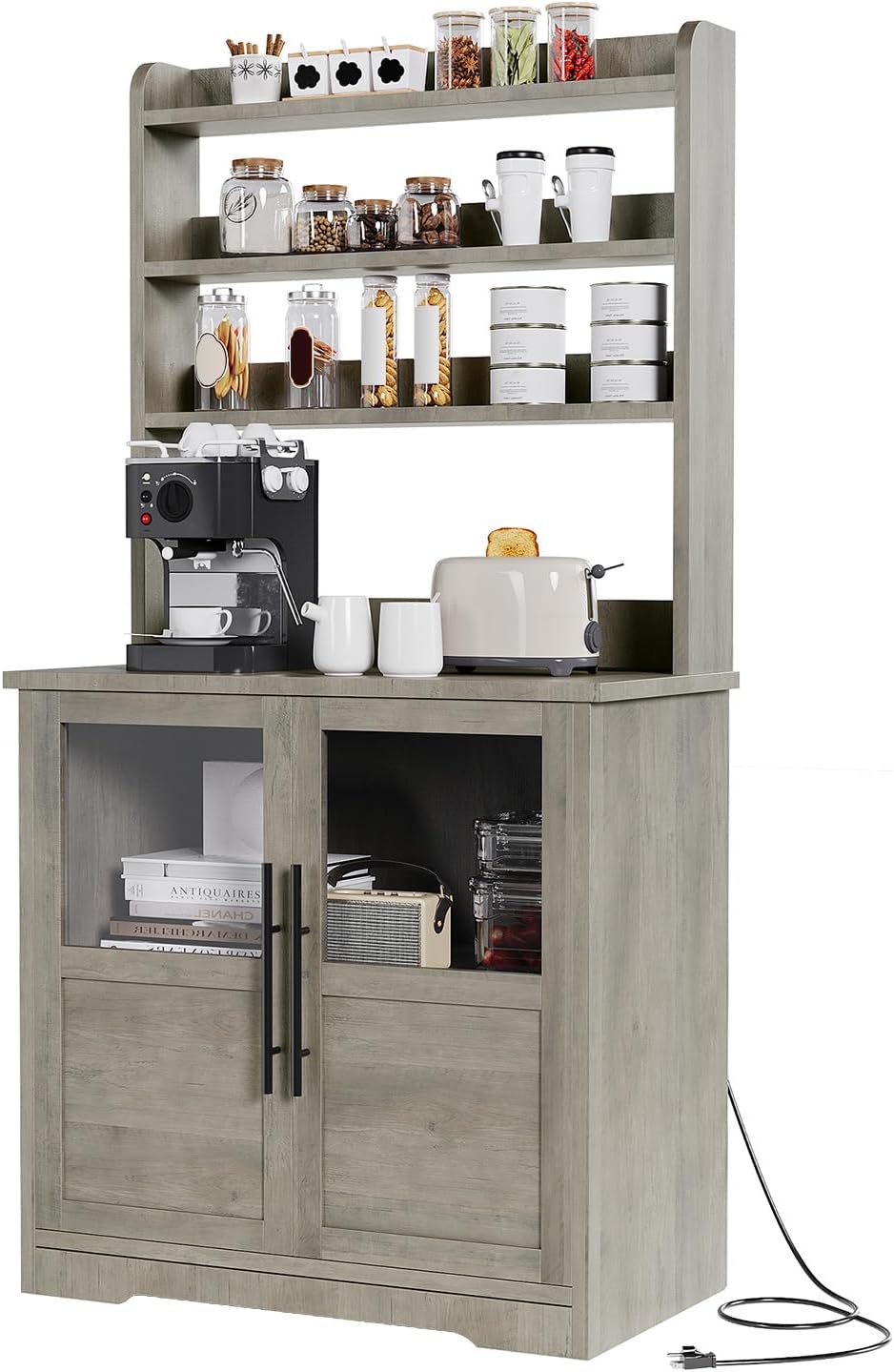 6-Tier Kitchen Bakers Rack,Storage, Power Outlet, and Glass Doors,Rustic Wood Coffee Hutch, Microwave Stand with 3 Open Shelves for Kitchen, Living Room, Dining Room,Gray
