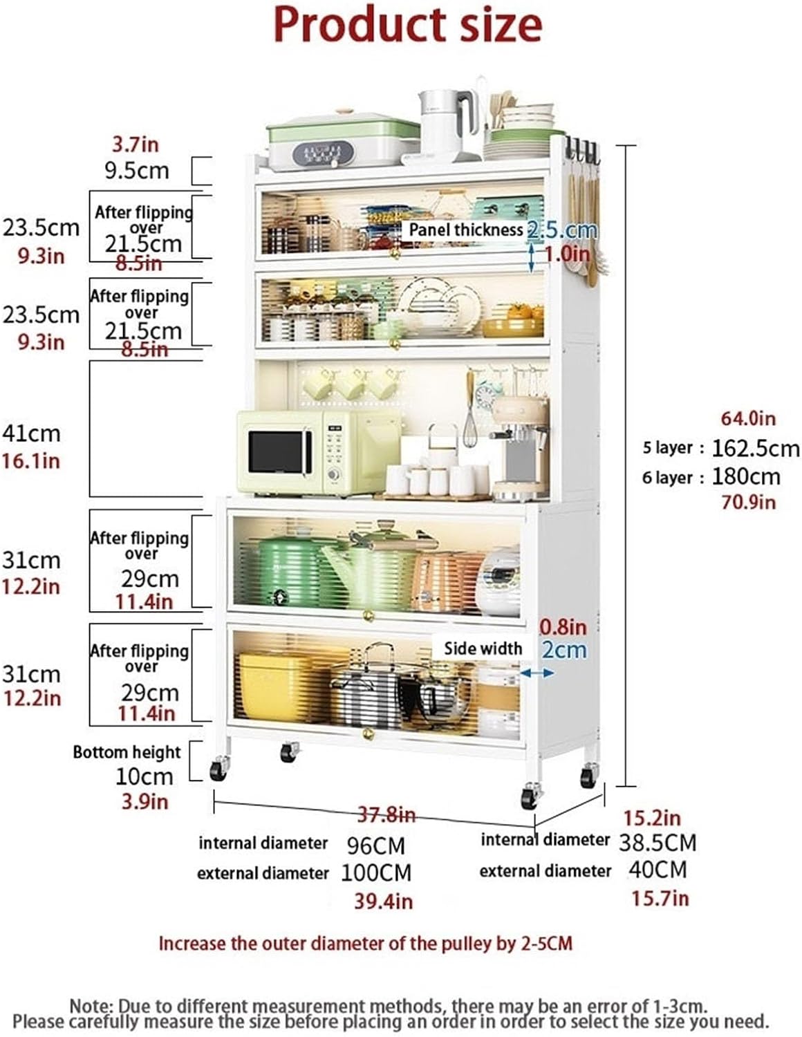 Free Standing Pantry Storage Cabinet Bakers Rack Countertop Coffee Cabinet with Flap Door Microwave Oven Shelf Cabinet for Kitchen Home Office(White,5 Layer)