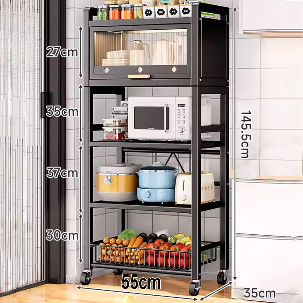 Bakers Rack with Storage Made of Carbon Steel with Pull-Out Wire Basket 5 Tier Storage Shelf Kitchen Storage Shelves with Mesh Panels for Utensils, Pots(Color:ABlack)