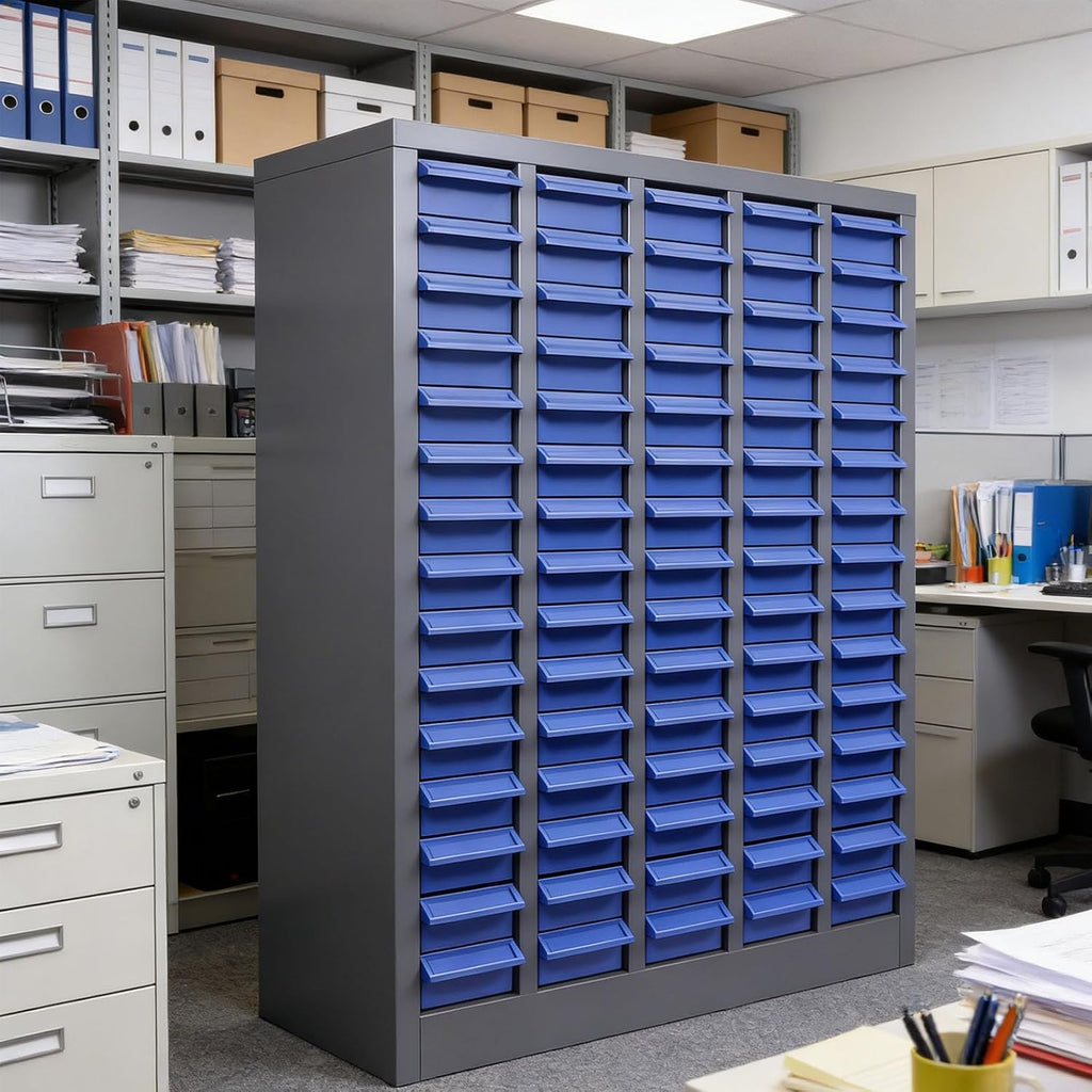 Freestanding 75 Drawer Small Parts Organizer, Blue ABS Drawer Cabinet with Label Panel and Shelf, Hardware Storage System for Workshops, Repair Stations