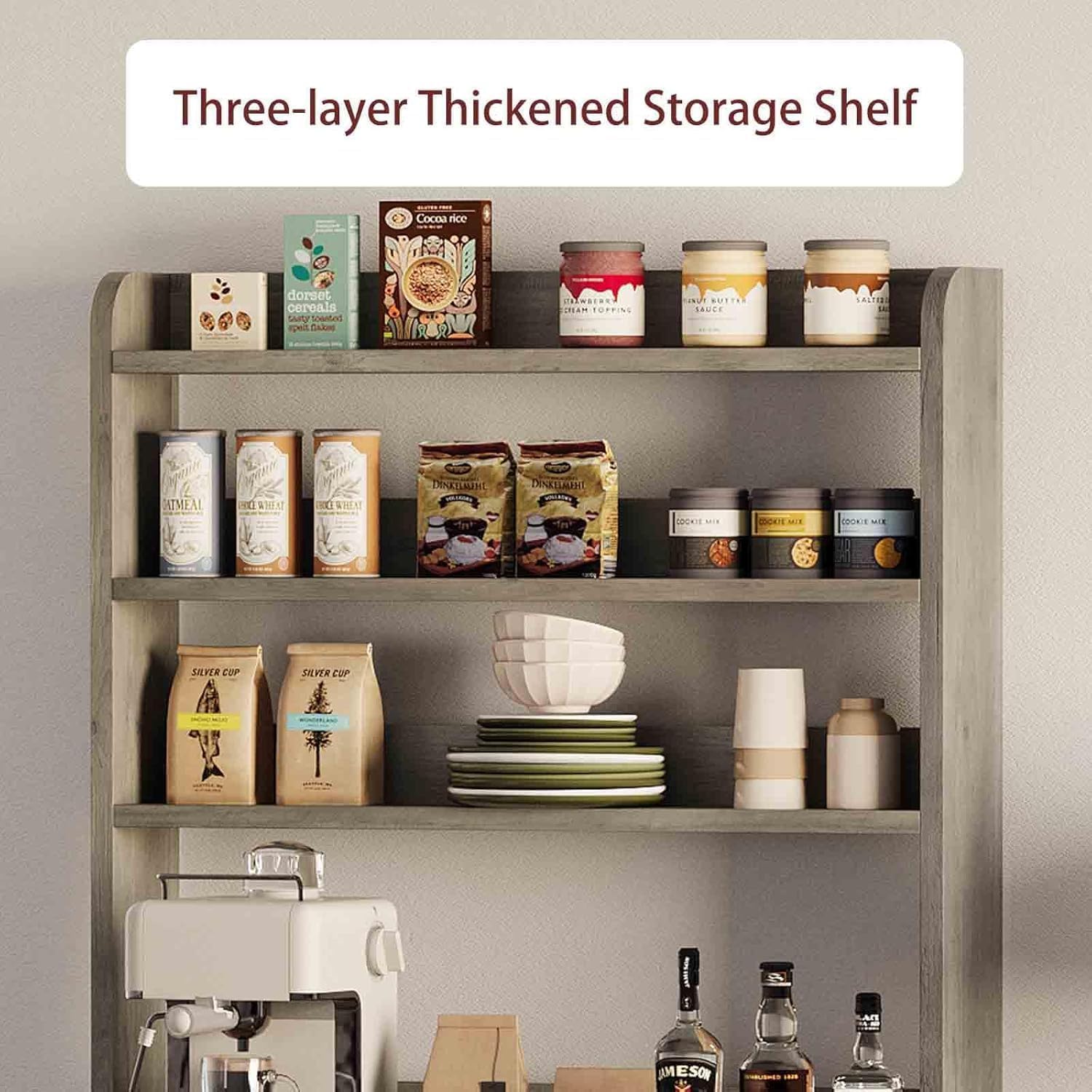 Tall Large Storage Cabinet Kitchen Microwave Stand with Storage, 4-Tier Bakers Rack with Power Outlet, Cupboard, Floor Cabinet for Living Room, Rustic Gray,