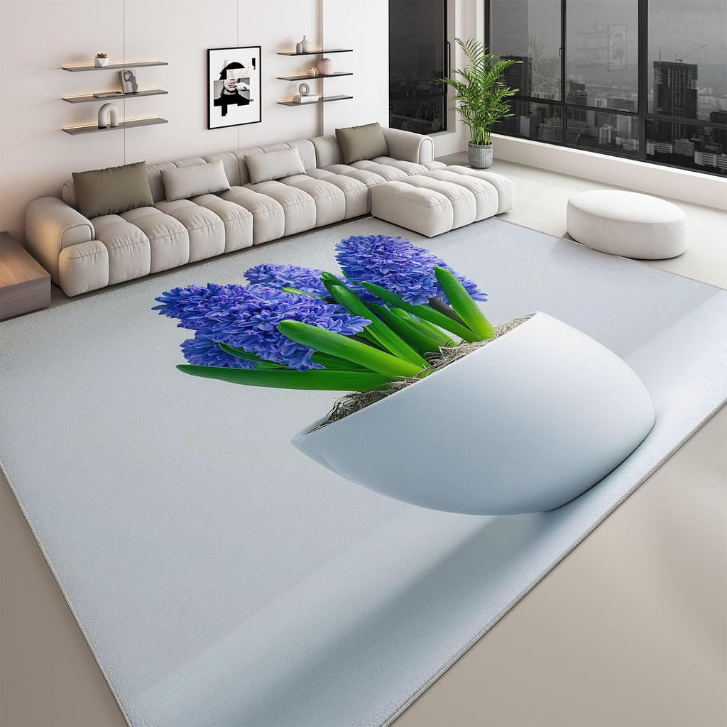Modern Low-Pile Washable Area Rug 5 x 7 ft, Bedroom Non-Slip Carpet Non-Shedding Living Room Rugs Plants Floral Blue Hyacinth Floor Carpet for Kids Nursery Room Office Dining Room