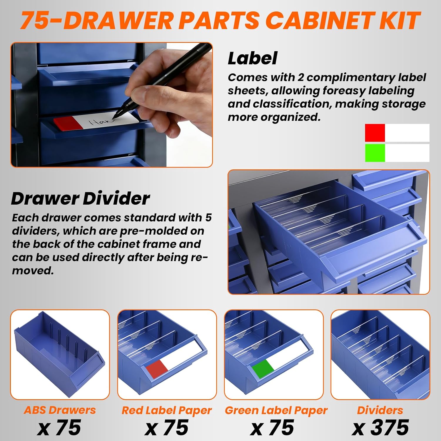 Nut and Bolt Organizer, 75 Drawers Part Cabinet Bolt and Nut Tool Storage, ABS Material Bolts Bin Tool with Drawer Dividers and Labels for Storing Tools and Parts (75-Drawer)