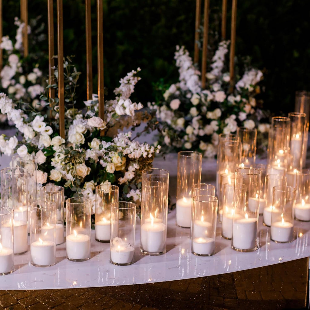 Shihanee 180 Pcs Pillar Candles and Glass Cylinder Vases Clear Cylinder Holders for Slim Pillar Candles Table Decoration (White)